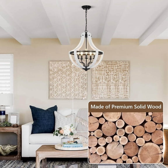 5-Light White Wood Chandelier Farmhouse Dining Room Lighting with Adjustable Chain, E12 Dimmable Candle Sockets for Kitchen Island Living Room Entryway