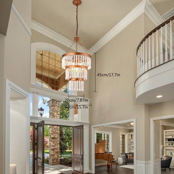 5-Light Wood Bead Chandelier, Height Adjsutable Ceiling Light for Dining Room, Kitchen Island, Entryway 110V