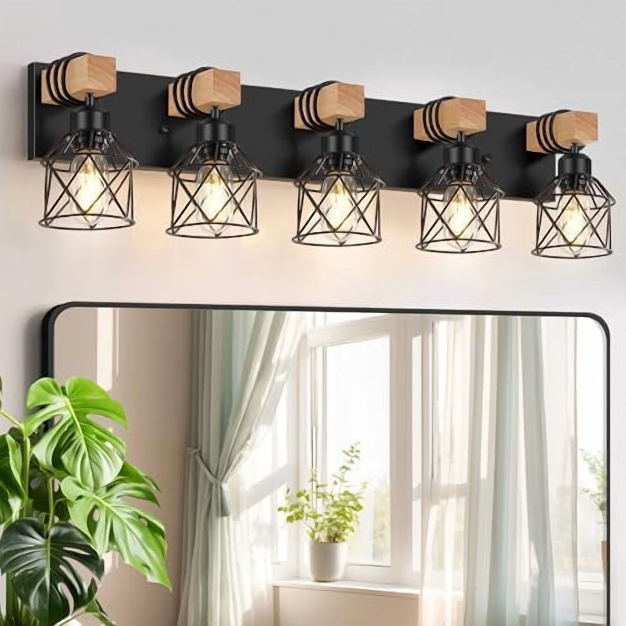 5-Light Wooden Black Bathroom Light Fixtures, Rustic Style Vanity Wall ...