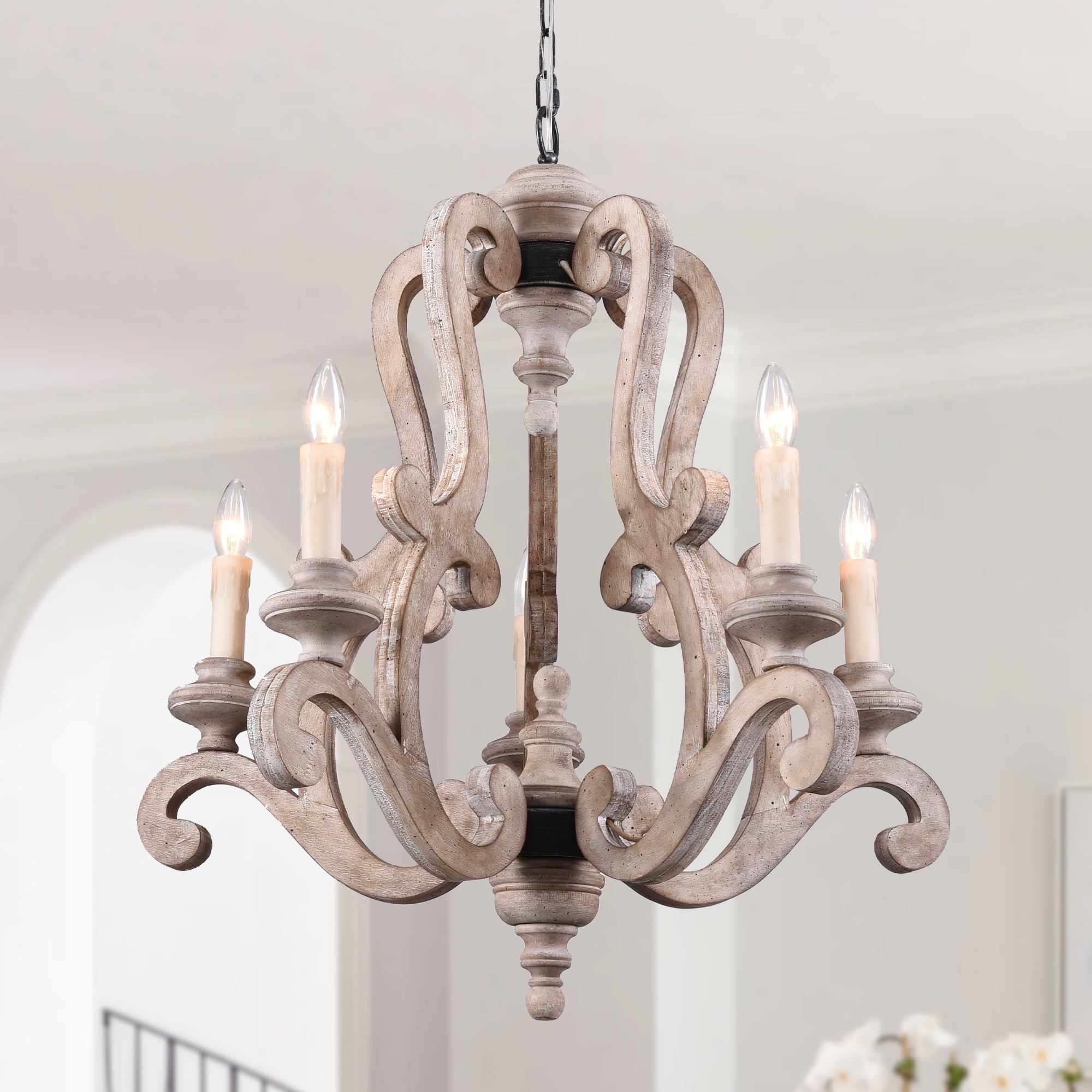 5-Light Wooden White Vintage Chandelier