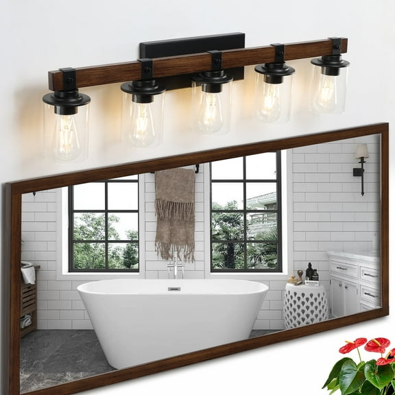 5-Light armhouse Vanity Lights, Antique Wood Bathroom Wall Lighting with Clear Glass, Industrial Metal Wall Sconce for Bedroom, Kitchen, Hallway