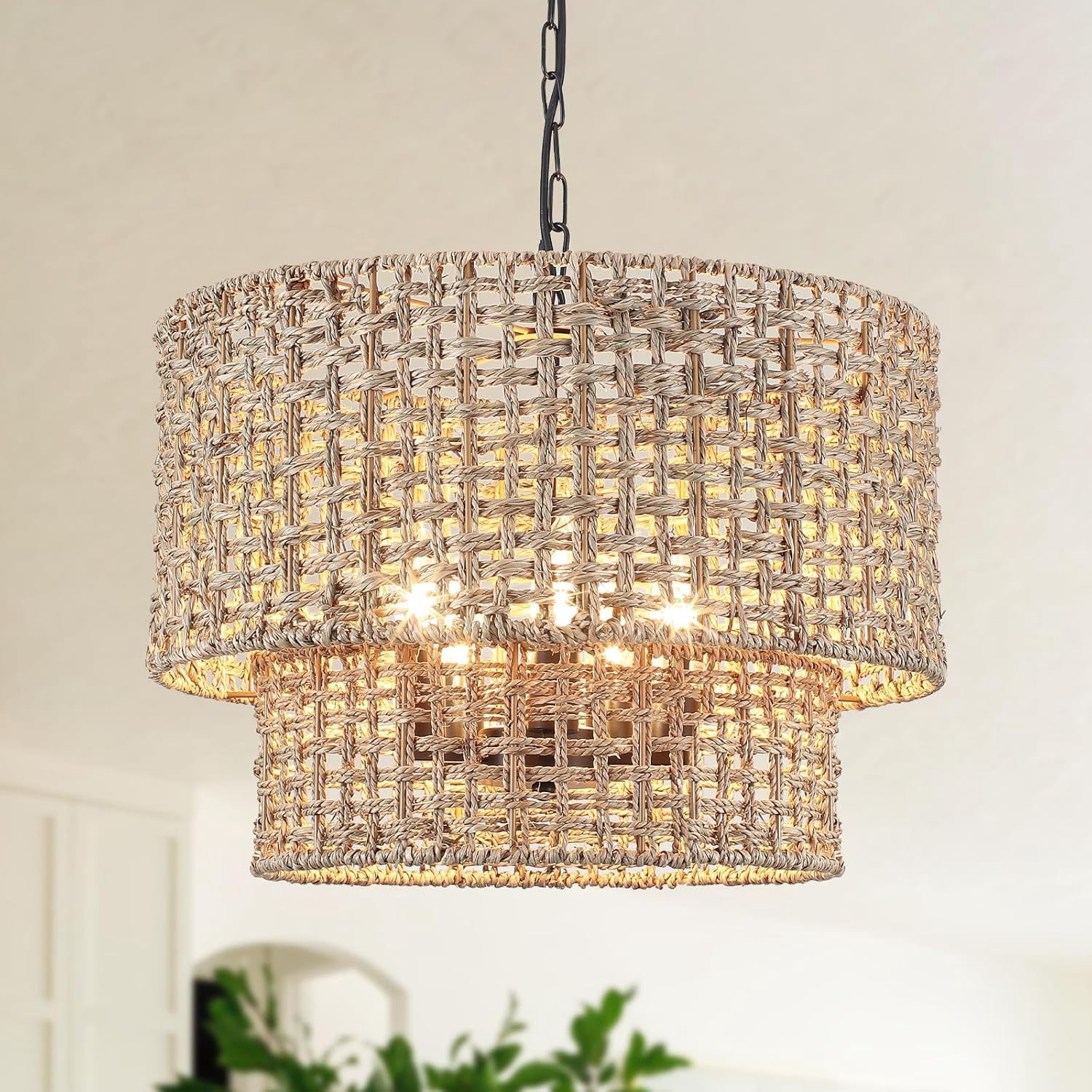 5 Lights 2 Tier Rattan Chandelier for Dining Room Boho Chandelier Large ...