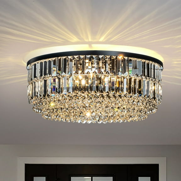 5 Lights 24" Modern Glam Matte Black Crystal Flush Mount