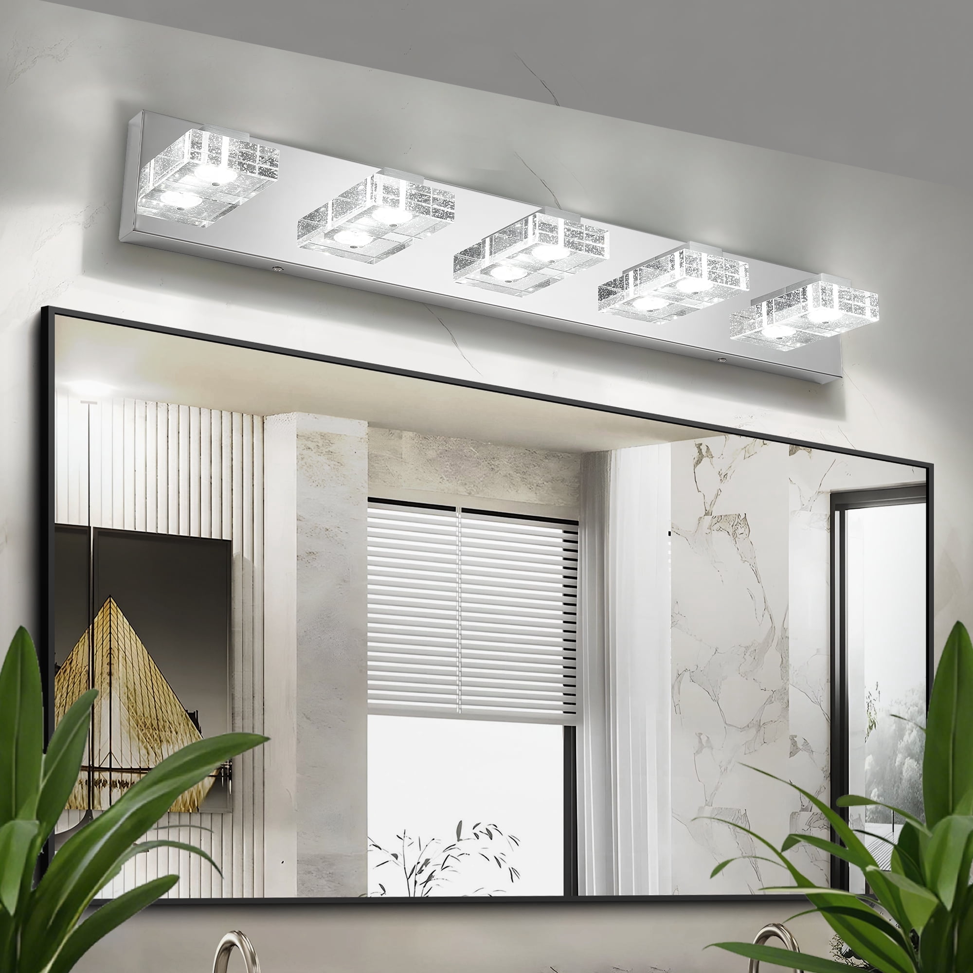 5 Lights Bathroom Crystal Modern Vanity Light 31.1in Vanity Lights for Bathroom - Dimmable LED Over Mirror Cool White Light Bath Light Fixtures Chrome