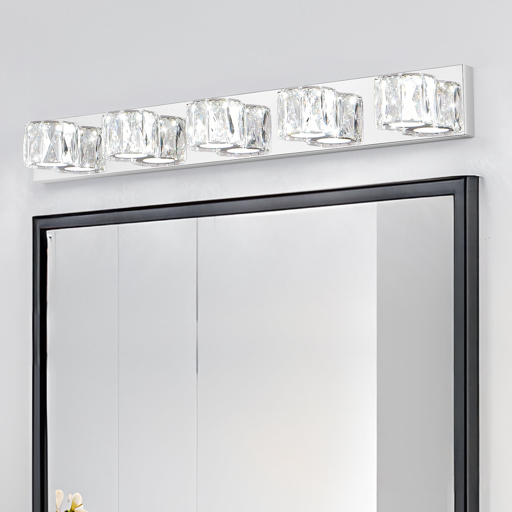 5 Lights Bathroom Crystal Modern Vanity Light 34.6in Vanity Lights for Bathroom - Dimmable LED Over Mirror Cool White Light Bath Light Fixtures Chrome