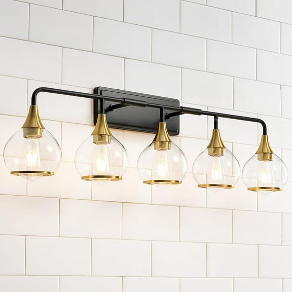 5-Lights Bathroom Light Fixtures Black and Gold Bathroom Vanity Light Over Mirror with Clear Glass Shade Wall Sconce Lighting