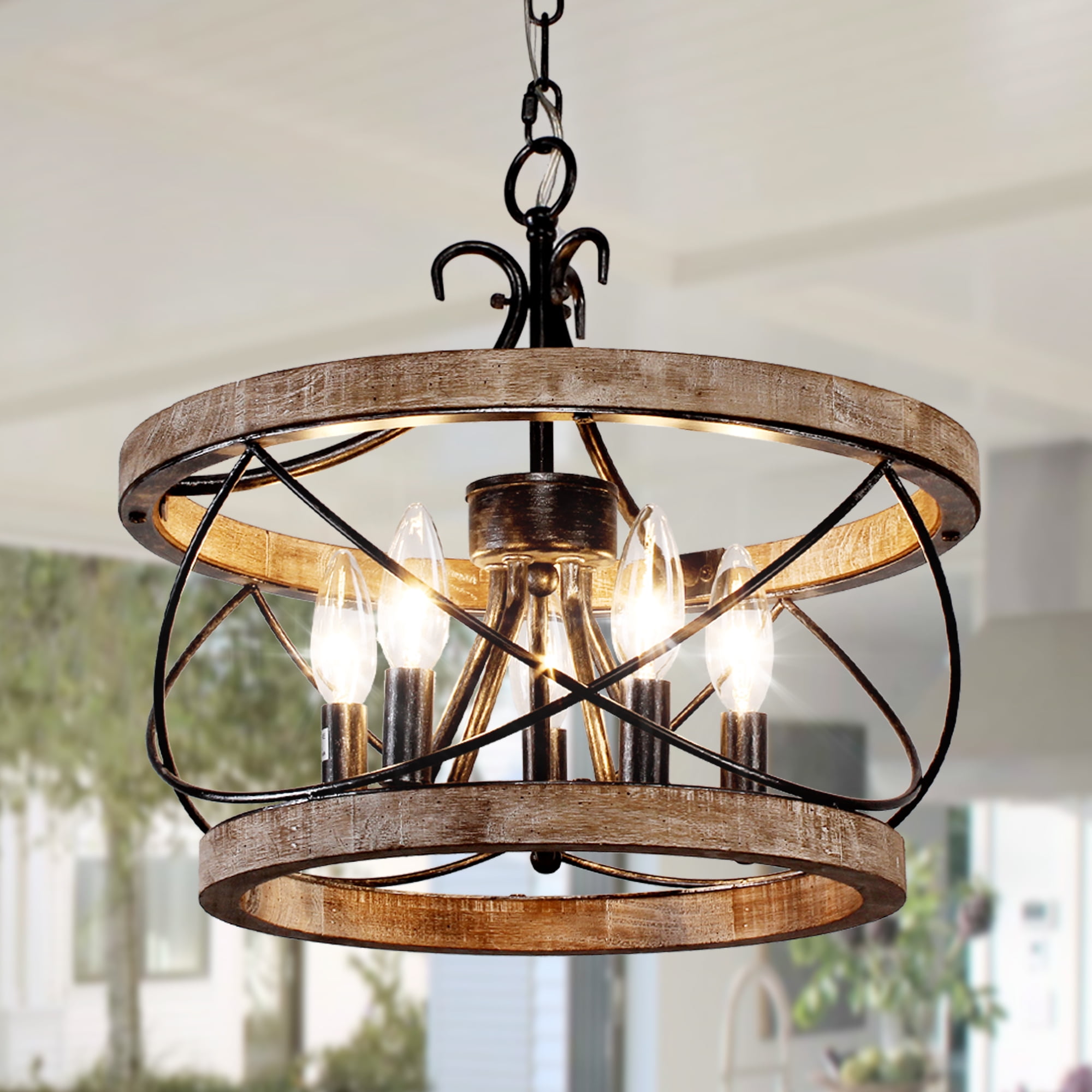 5-Lights Farmhouse Distressed Wood Caged Chandelier Dimmable Pendant  Lighting Bella Depot