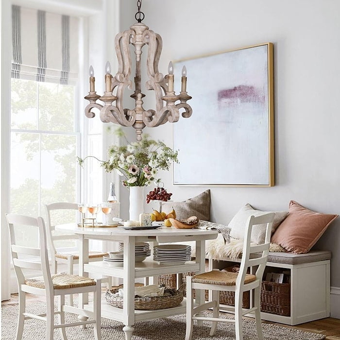 Antique White Distressed Wood 5-Light Candle Chandelier