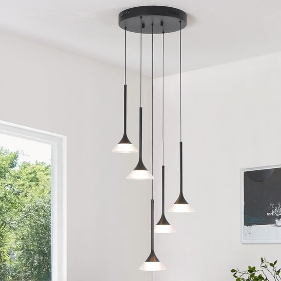 5 Lights Integrated LED Dimmable Black Chandelier for Dining Living Room,3000K Warm Light, 11.8 in. D 80 in. H