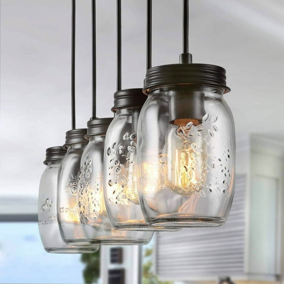 5 Lights Kitchen Island Light, 5-Light Glass Mason Jar Island Pendant Light Ceiling Light Fixture Kitchen Decor, for Dining Room Farm Barn Hallway Stairway
