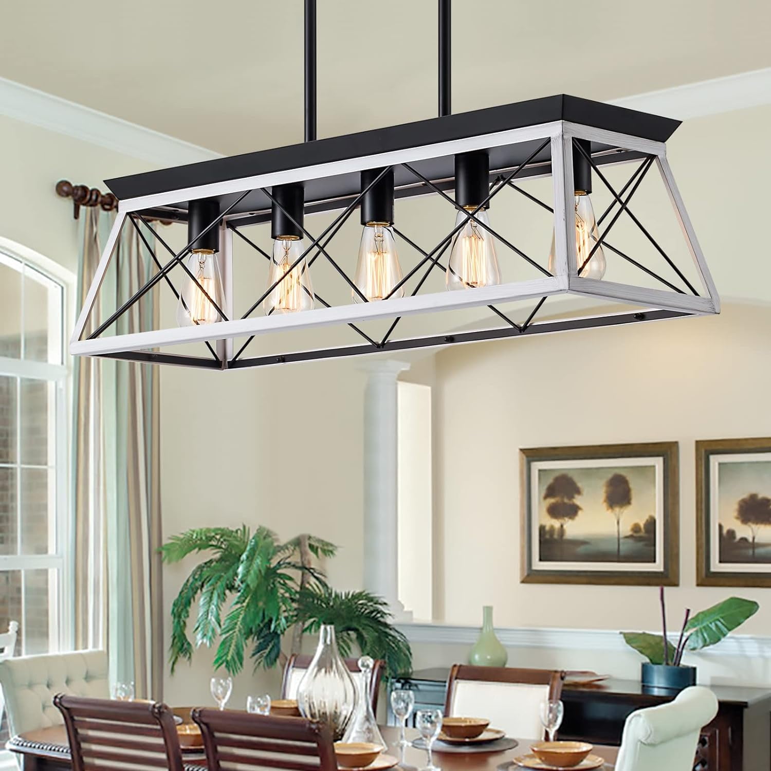 5 Lights Kitchen Island Lighting Rustic Pendant Light Fixture Farmhouse Hanging Ceiling Light Linear Chandeliers for Kitchen Bar Dinning Room