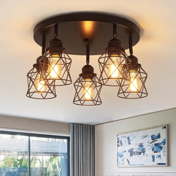 5-Lights Kitchen Light Fixtures Ceiling Mount, Adjustable Multi-Directional Black Flush Mount Light, Retro Metal Cage Farmhouse Close to Fixture for Hallway Dining Room Entryway