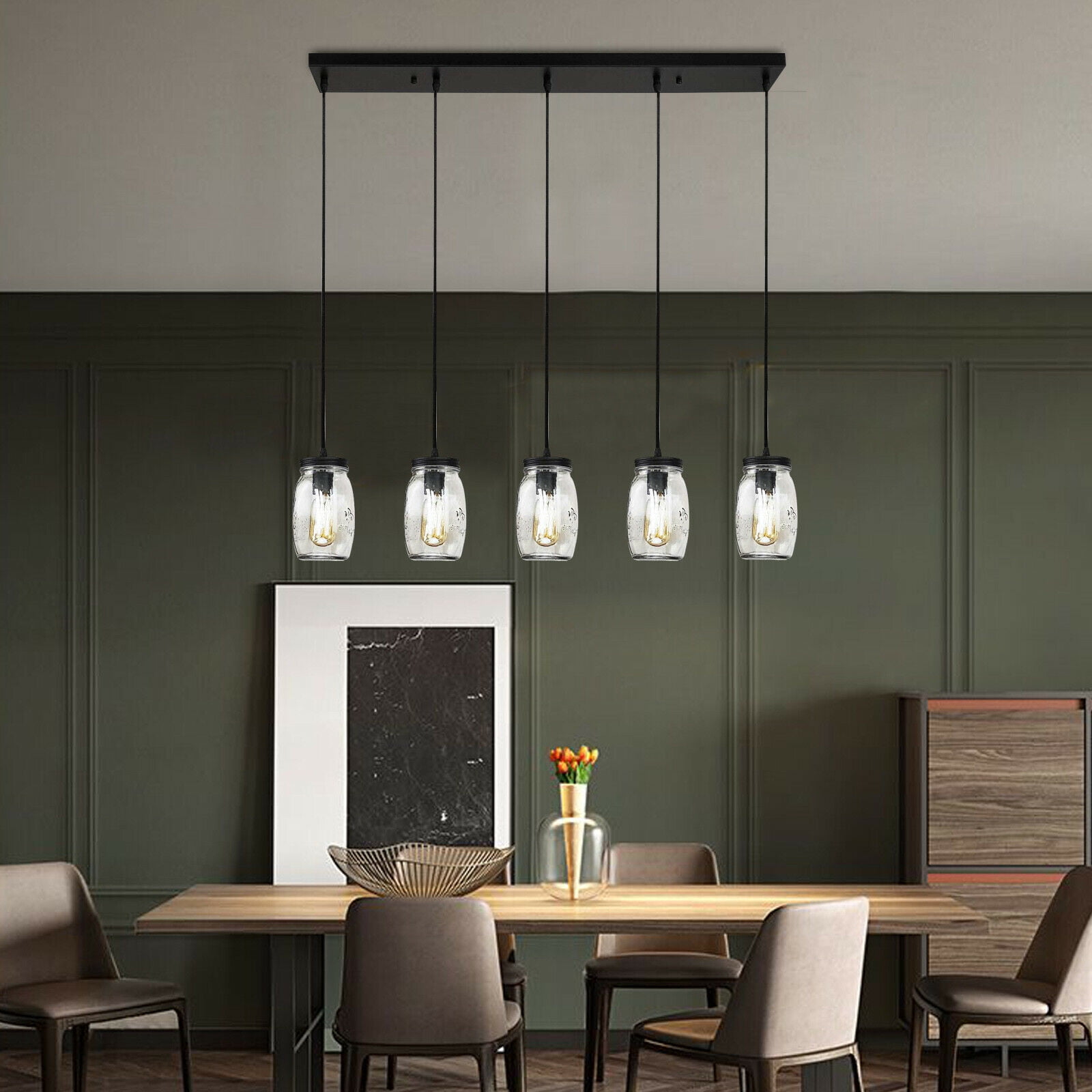 5-Lights Modern Glass Jar Pendant Light Dining Room Kitchen Island Cafe Fixture Chandelier Modern Pendant Lighting Fixture Ceiling Light Black Ceiling Lamp Glass Mason Jar Light Pendant Lamp
