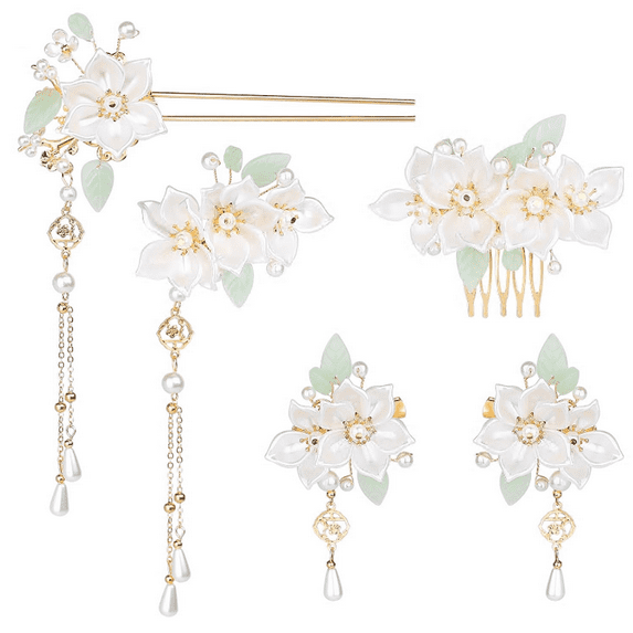 5 Lily Flower Tassels Hairpin Set, Rhinestone Pearl Flower Wedding Hair Styling Pins Chinese Hanfu Traditional Bride Hair Making Headpiece Accessories