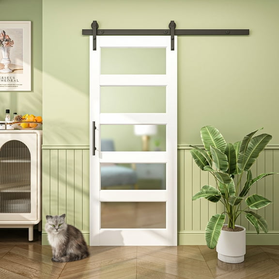 28" X 84" White 5-Lite Sliding Barn Doors Frosted Glass Door With Hardware Kit