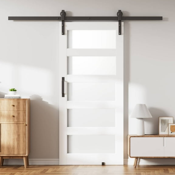 36" x 80" 5 Lite Tempered Frosted Glass Interior Sliding Barn Door With Hardware Kit