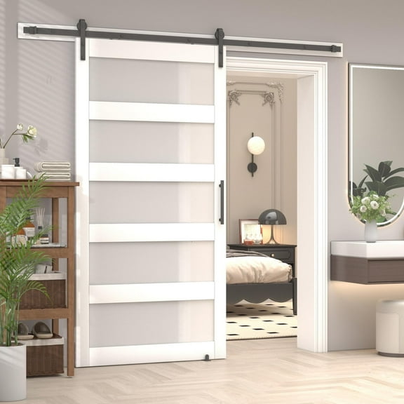 34" X 84" White 5-Lite Sliding Barn Doors Frosted Glass Door With Hardware Kit