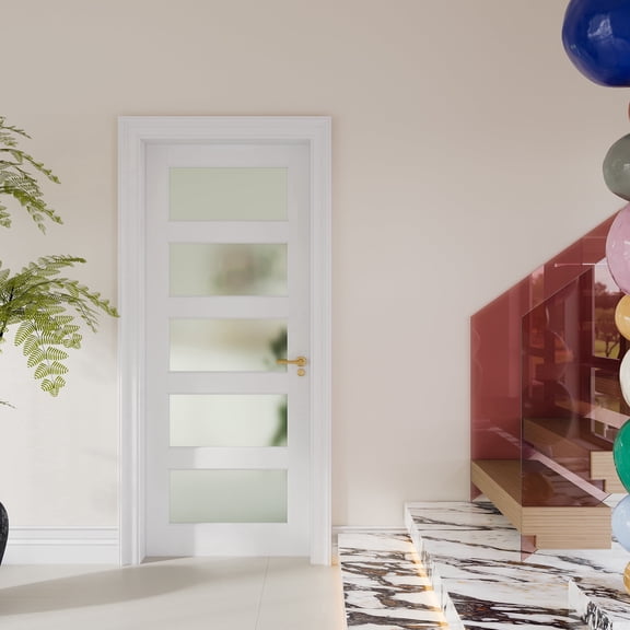 28" x 80" 5-Lite Frosted Glass Interior Door Slab, Tempered Privacy White Primed Shaker Door for Bathroom Bedroom Closet, DIY Paintable w/o Hardware