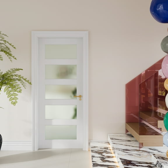 30" x 80" 5-Panel Frosted Glass Interior Door Slab, Slab Door for Pantry Pocket Laundry Bathroom French, Solid Core Pre-Assembled Panel Without Hardware, White