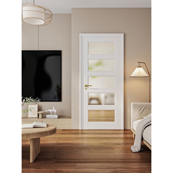 32" x 80" 5-Panel Frosted Glass Interior Door Slab, Slab Door for Pantry Pocket Laundry Bathroom French, Solid Core Pre-Assembled Panel Without Hardware, White