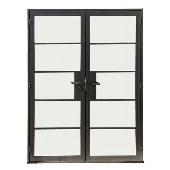 5 Lite Modern Double Steel Exterior French Doors | Low-E Glass | Black | 60"x96" | Right Hand Swing | Patio & Entryway Doors