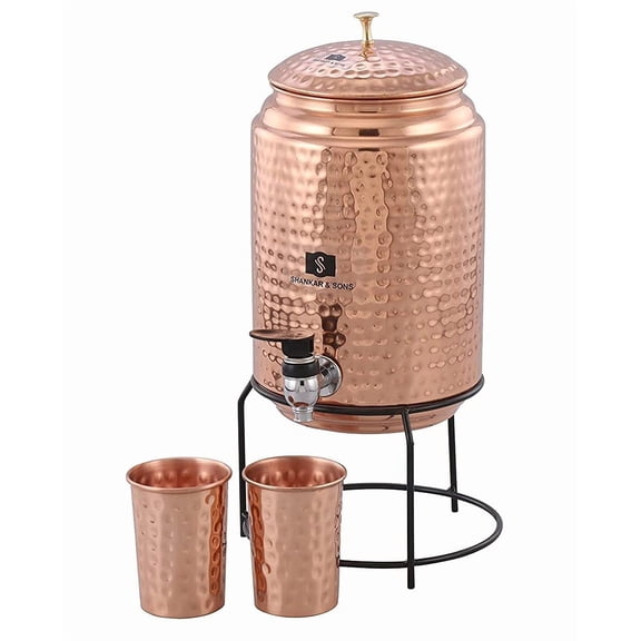5 Liter Copper Water Dispenser Matka Tank Pot with Lid, 2 Glass and Iron Stand, in Hammered Design - 5000 ml