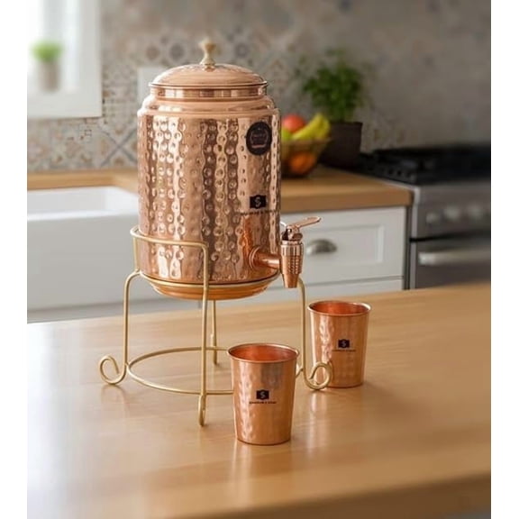 5 Litre Copper Water Dispenser Pot with Golden Iron Stand and 2 Glasses | Hammered Texture, BPA Free, Non-Toxic with Added Health Benefits Traditional Matka for Drinking Water