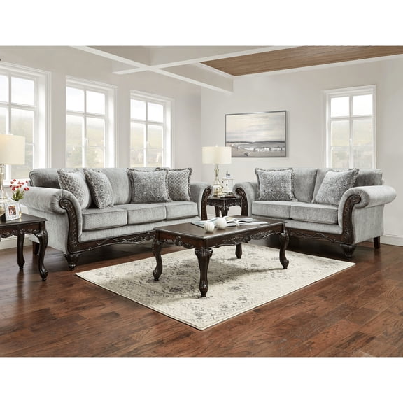 5 Living Room In Gray With Details - , , Coffee Table, 2 End Tables Soft Chenille Fabric Dark Cherry Finish Collection Wooden Frame, Fabric, & Tables, Timeless Appeal