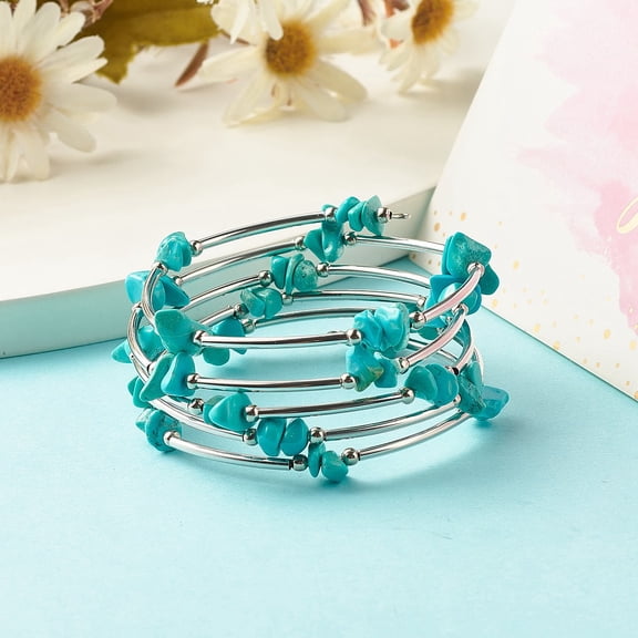 5-Loop Turquoise(Dyed) Chip Beaded Wrap Bracelets for Women Steel Memory Wire Bracelet Platinum Inner Diameter: 2-1/8 inch(5.45cm)