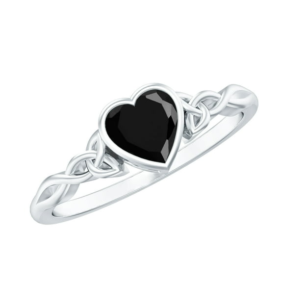 Rosec Jewels 5 MM Bezel Set Heart Shape Solitaire Created Black Diamond Celtic Ring, 14K White Gold, US 10.50