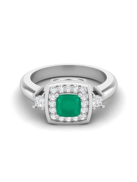 5 MM Cushion Natural Emerald 925 Sterling Silver Side Stone Women Mother's Day Gift Bridal Ring