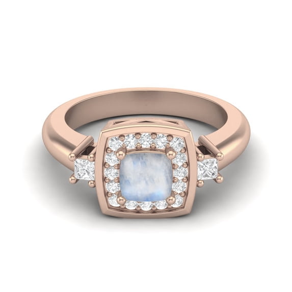 5 MM Cushion Natural Moonstone 925 Sterling Silver Rose Vermeil Side Stone Women Mother's Day Gift Bridal Ring