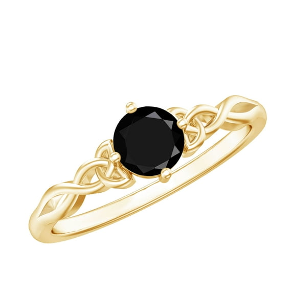 Rosec Jewels 5 MM Round Black Diamond Solitaire Ring in 4 Prong Diagonal Setting for Women with Celtic Pattern, 14K Yellow Gold, US 7.50