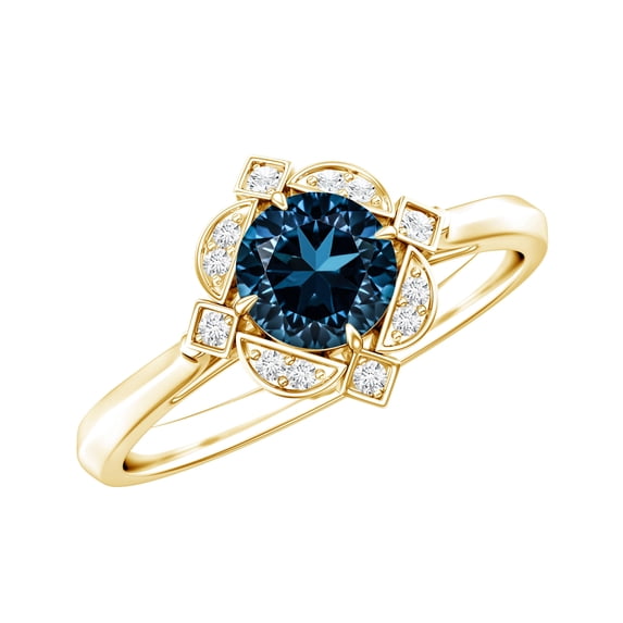Rosec Jewels Round London Blue Topaz Vintage Engagement Ring with Diamond - 0.6 Carat - AAA Quality, 10K Yellow Gold, US 4.50