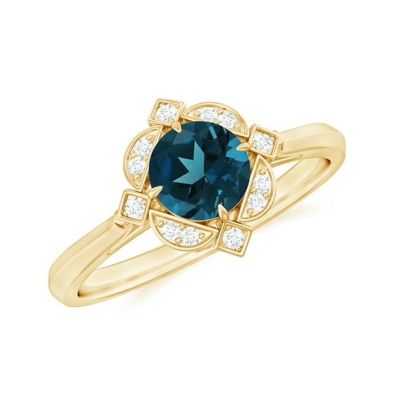 Rosec Jewels 5 MM Round London Blue Topaz Vintage Engagement Ring with Diamond, 10K Yellow Gold, US 9.00