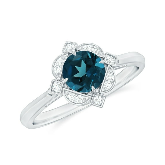 Rosec Jewels 5 MM Round London Blue Topaz Vintage Engagement Ring with Diamond, 925 Sterling Silver, US 4.00