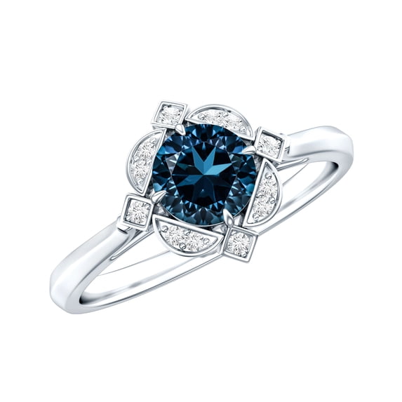 Rosec Jewels Round London Blue Topaz Vintage Engagement Ring with Diamond - 0.6 Carat - AAA Quality, 925 Sterling Silver, US 4.00