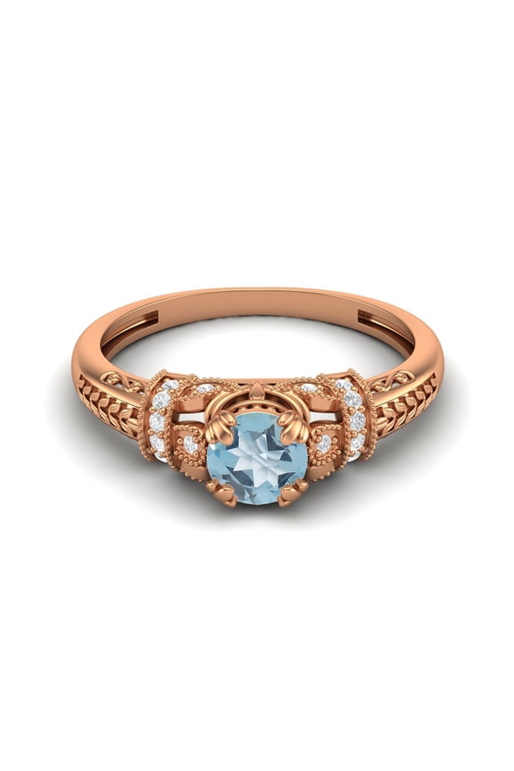 5 MM Round Natural Blue Topaz 925 Silver Rose Plated Valentines Day Gifts Blossom Design Ring