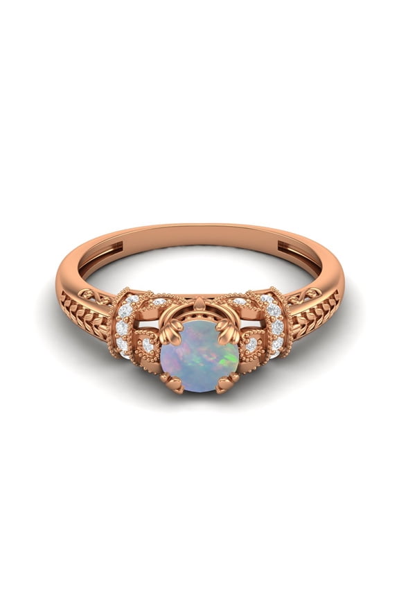 5 MM Round Shape Natural Opal 925 Silver Rose Plated Valentines Day Gifts Blossom Design Ring