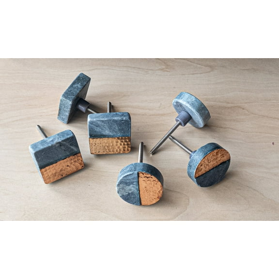 5 Marble Round and Sqaure Stone Brass Knobs, Grey Brown Color, Home Decor Cabinet Knobs for Furniture, Nuts & Bolts Included