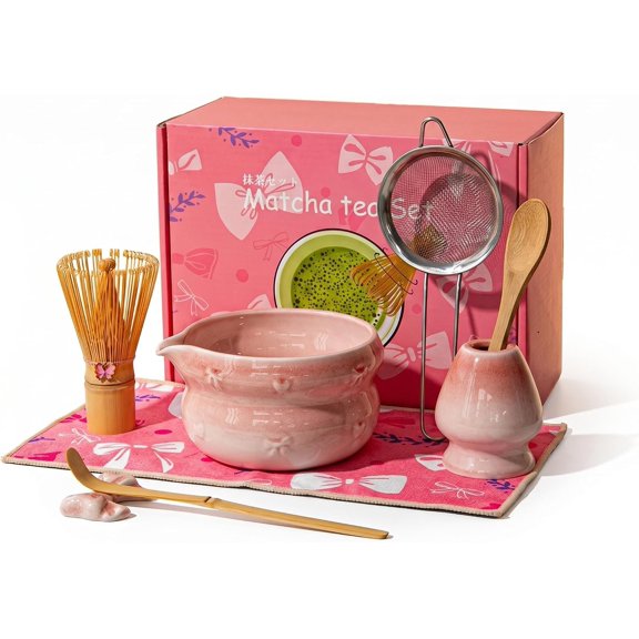 5- Matcha Set with Bowl and Whisk Ceramic Includes Chasen Holder Chashaku Scoop Sifter Measuring Spoon & Cup Making Kit for Ceremony bowl kit
