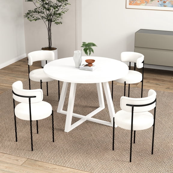 5 Meal - Round Table With 4 Attractive Boucle Chairs Dining Trestle And