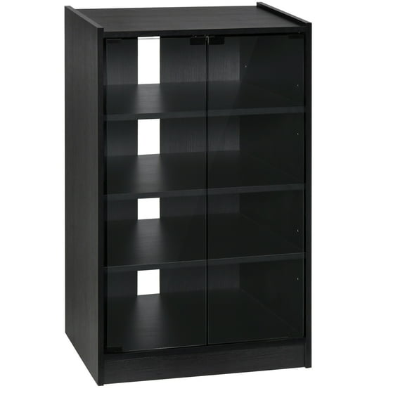 5 Media Console Cabinet. Distressed Black, Tempered Glass Doors, Adjustable Shelves. Accommodates Player, Receiver, Gaming Console, Laptop, Books. Arranges Cables Neatly Stand With Shelves And Cable