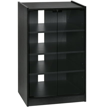 5 Media Shelf Cabinet. Distressed Black, Tempered Glass Doors, Adjustable Shelves. Accommodates Player, Receiver, Gaming Console, Laptop, Books. Organizes Cables Wisely Stand Cabinet In Black With