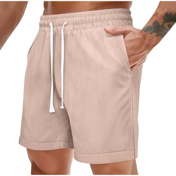 5" Mens Cotton Linen Shorts Elastic Waist Drawstring Pockets Breathable Lightweight Short Pants Fathers Gift