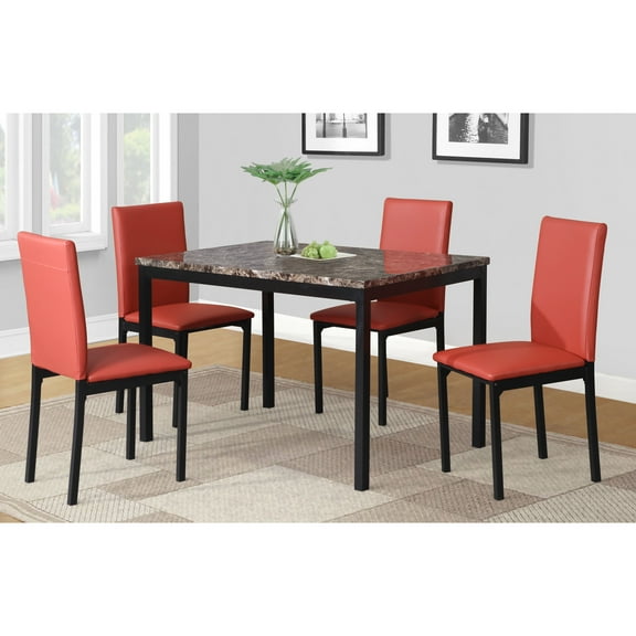 5 Metal Dinette Setup With Faux Marble - Red Vinyl Chairs, Black Table Frame Dining Top Metal, Casual Style
