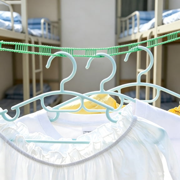 5 Meter Long Non Woven Plastic Clothesline Rope with Metal Hooks 1.8cm Wide Heavy Duty Laundry Drying Line for Indoor Outdoor Balcony Camping Weather Resistant Portable Hanging Clothes