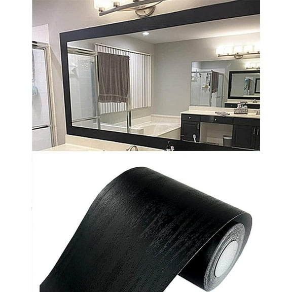 5 Meters Bathroom Mirror Frame Border Sticker, Black Wood Backsplash Wall Paper Border Sticker Self-Adhesive Wallpaper Border(3.93'' x 196''）