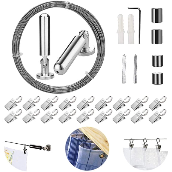 [5 Meters] Wall Mount Curtain Wire Rod Set with (20 Hanging Clips) - Stainless Steel Picture Hanging Wire Clothesline Wire Multi-purpose Set Hang Photo Notes, Art