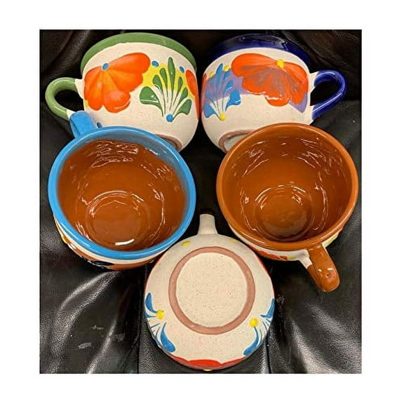 5 Mexican Flower Design Cazuela de Barro Cerealero Grande Large Cereal Bowls Coffee Mug Traditional Clay Party Breakfast Dish Engobe Made in Mexico